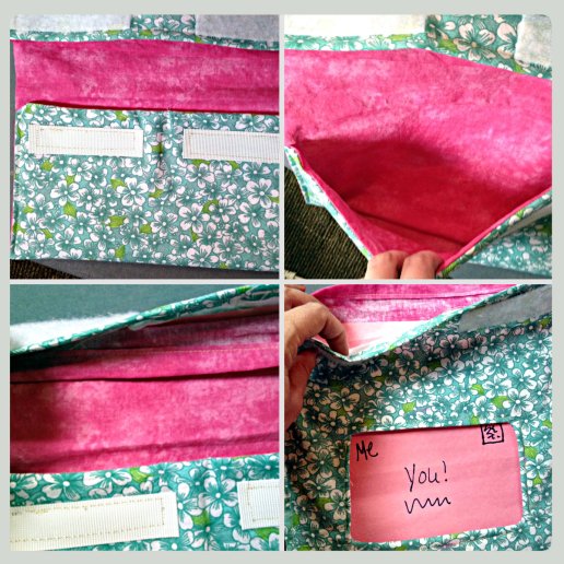 Notice there are two pockets: One between the outer and lining fabric which holds a piece of paper showing your mailing information and stamp, and the main pocket, which holds all the goodies you are mailing.